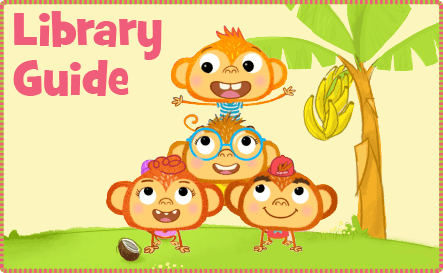 Library Guide; Four monkeys creating a monkey pyramid.