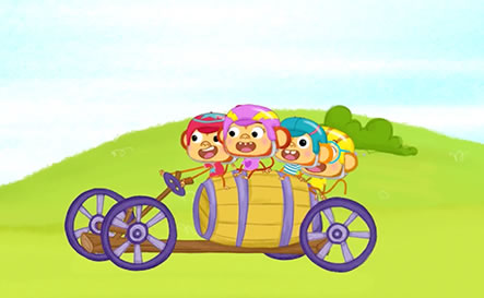 Four monkeys driving a makeshift car.