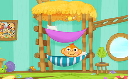A monkey smiling in a bunk bed hammock.